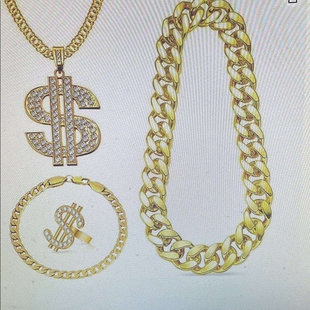 Dollar Sign Jewelry Set - Chain Necklace, Bracelet & Ring
